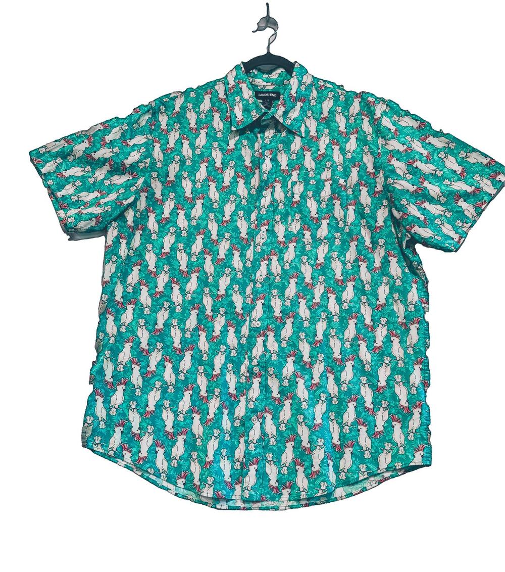 Lands’ End Men’s Cockatoo Parrot Print Short Sleeve Button-Up Shirt L